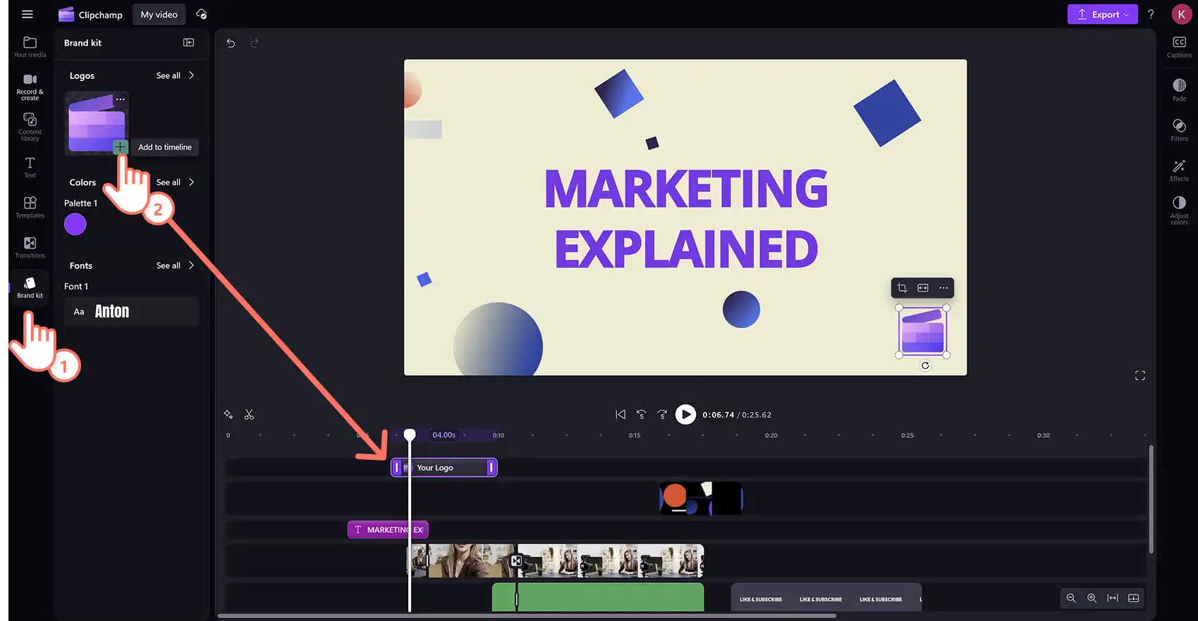 En bruger føjer et logo fra brandkitværktøjet til en videoskabelon i Clipchamp-videoeditoren. 