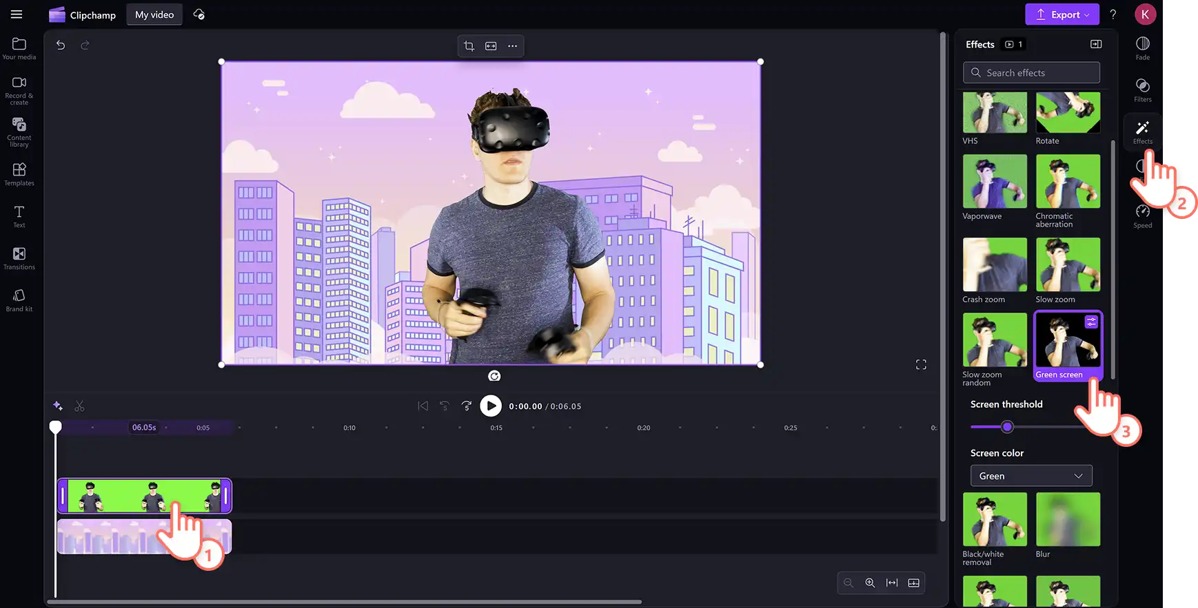 Người dùng áp dụng hiệu ứng màn hình màu lục cho nội dung video trong trình Clipchamp video. 