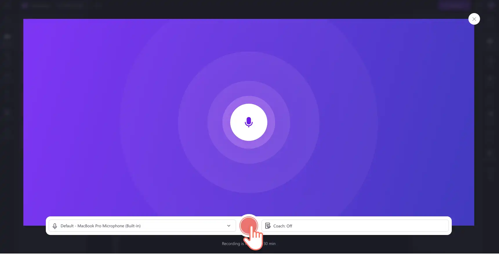 Gambar pengguna merekam mikrofonnya di Clipchamp.