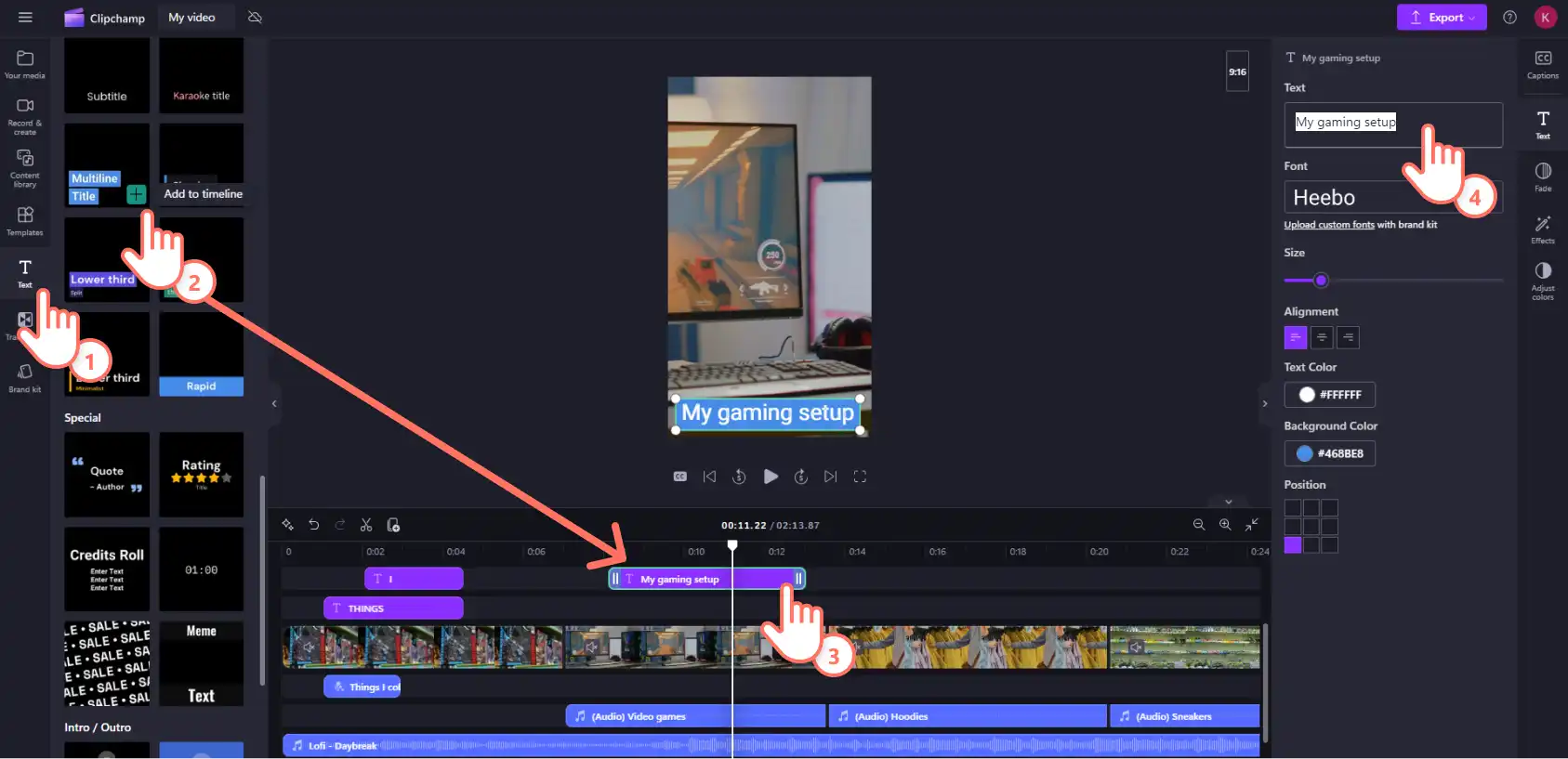 Bir Clipchamp kullanıcısının metin ekleyip değiştirdiği ekran görüntüsü. 