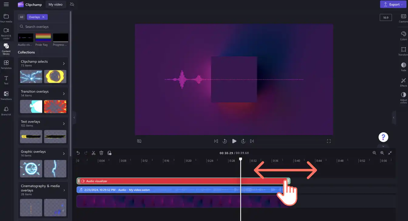 Een afbeelding van een gebruiker die de lengte van de audio visualiserende overlay bewerkt. 