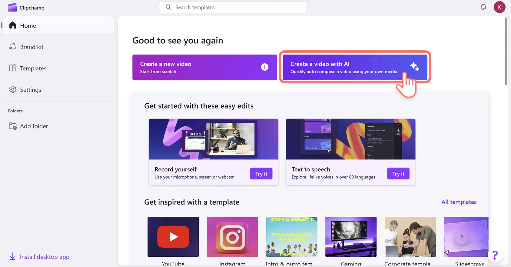 Un utente che fa clic sul pulsante Crea un video con l'intelligenza artificiale nella home page dell'editor video Clipchamp.