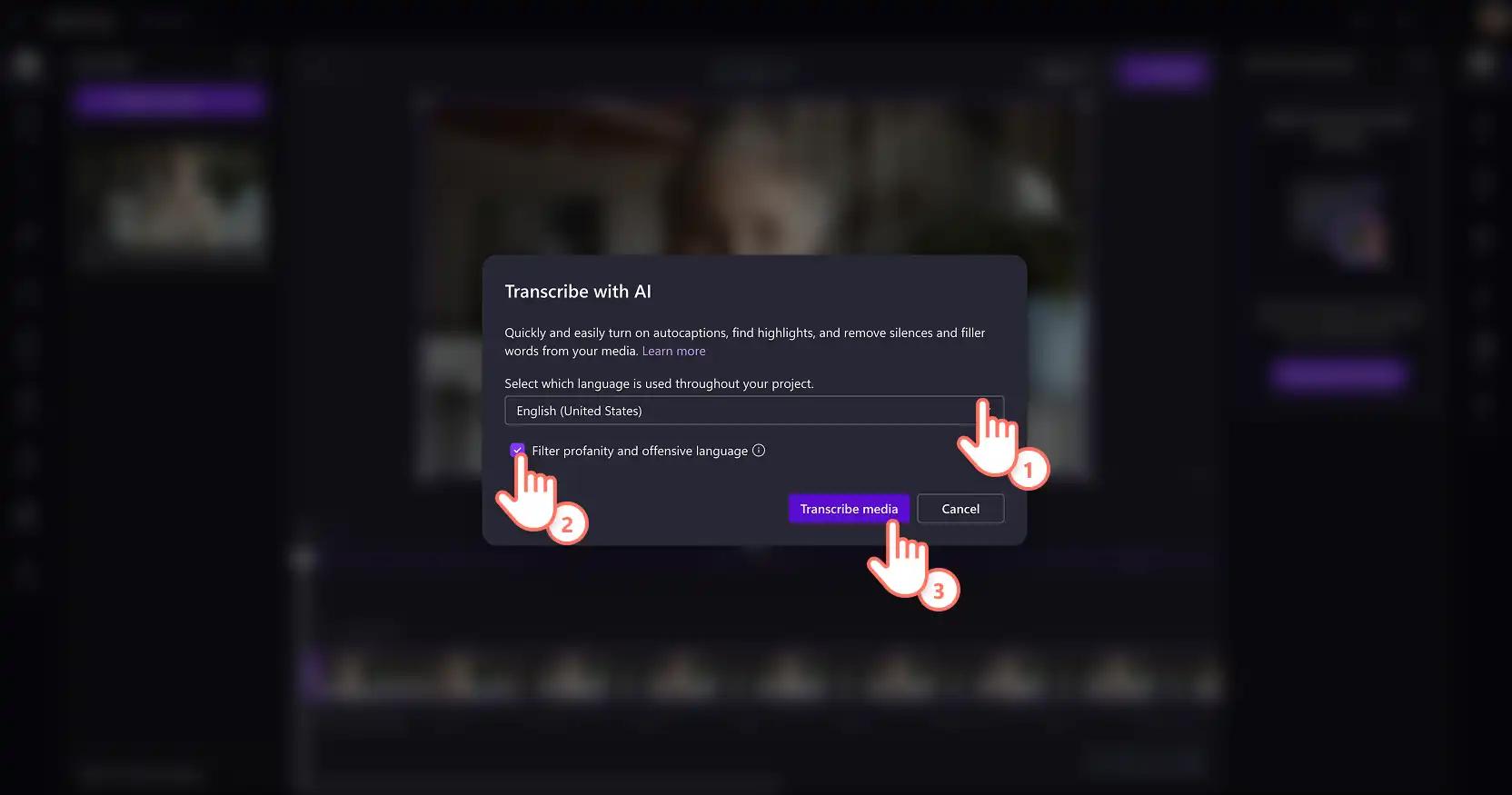 Pengguna memilih bahasa transkripsi AI di editor video Clipchamp untuk pekerjaan