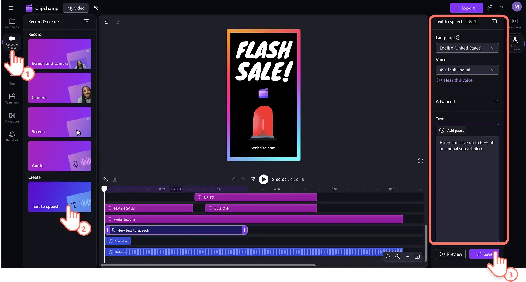 A Clipchamp user entering text into the AI voice generator tool for their Facebook Story video.