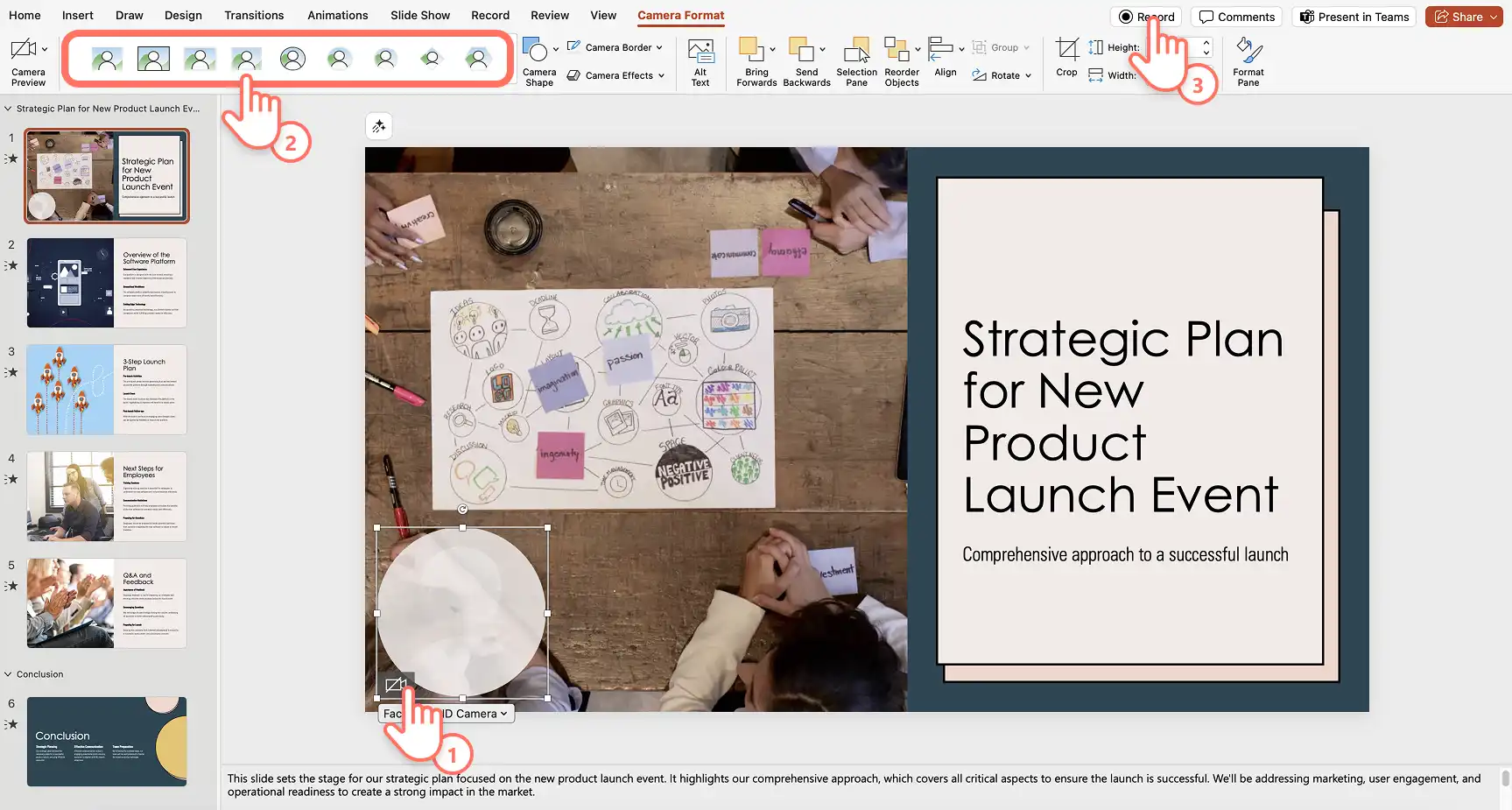 ผู้ใช้กำลังเลือกแหล่งกล้อง รูปทรงกล้อง และปุ่มบันทึก Cameo ใน PowerPoint 