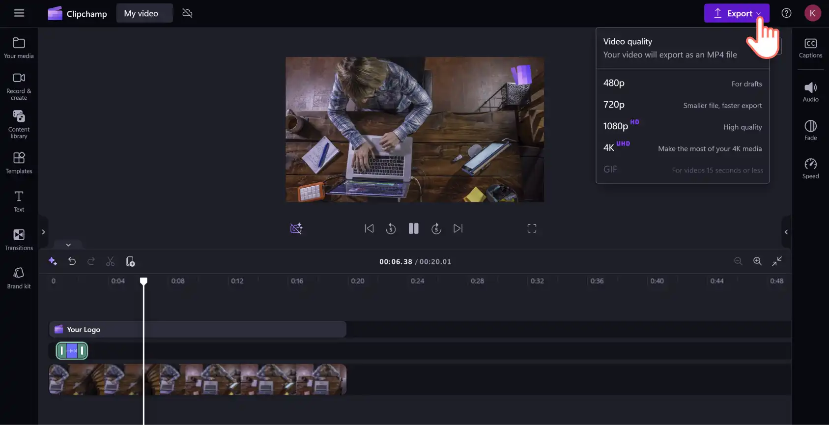 A user exporting a video which contains a logo reveal animation in Clipchamp.