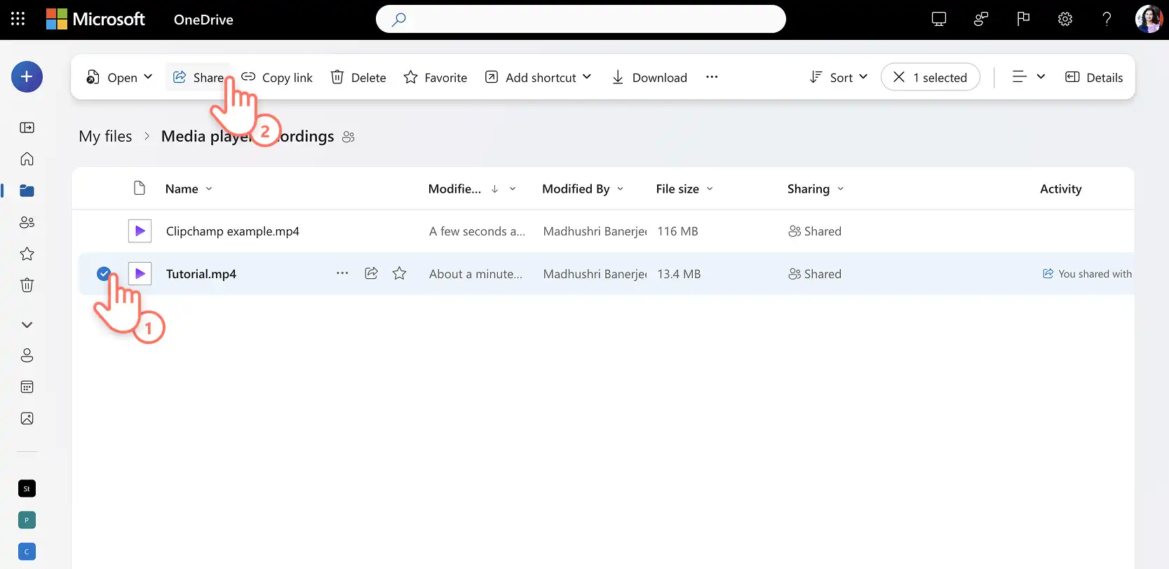 Usuário criando um link de compartilhamento do OneDrive
