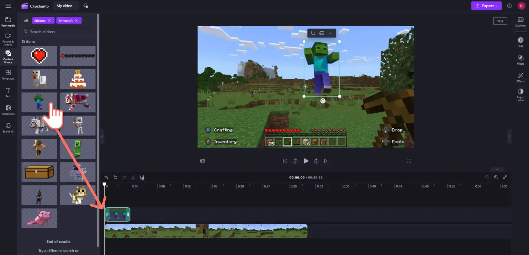 An image of a Clipchamp user dragging a Minecraft zombie sticker onto the editing timeline.
