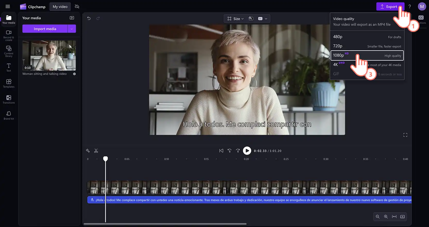 En bruker som eksporterer en høykvalitetsvideo i videoredigeringsprogrammet Clipchamp.