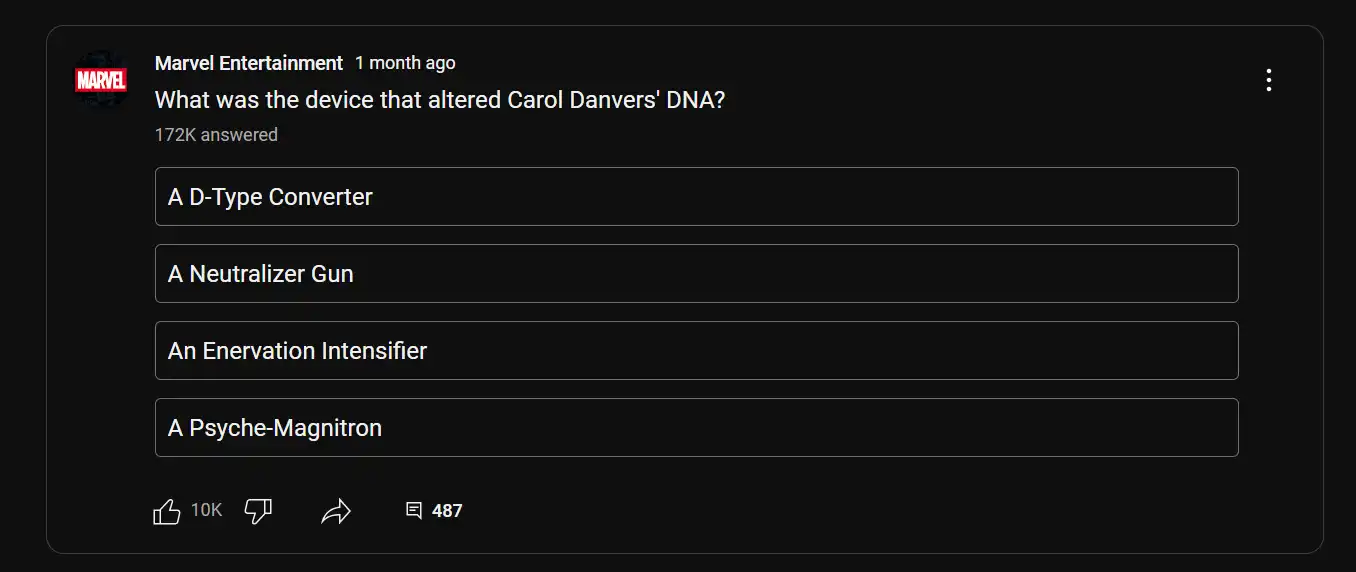 Skärmbild av en Marvel Entertainment YouTube-omröstning.