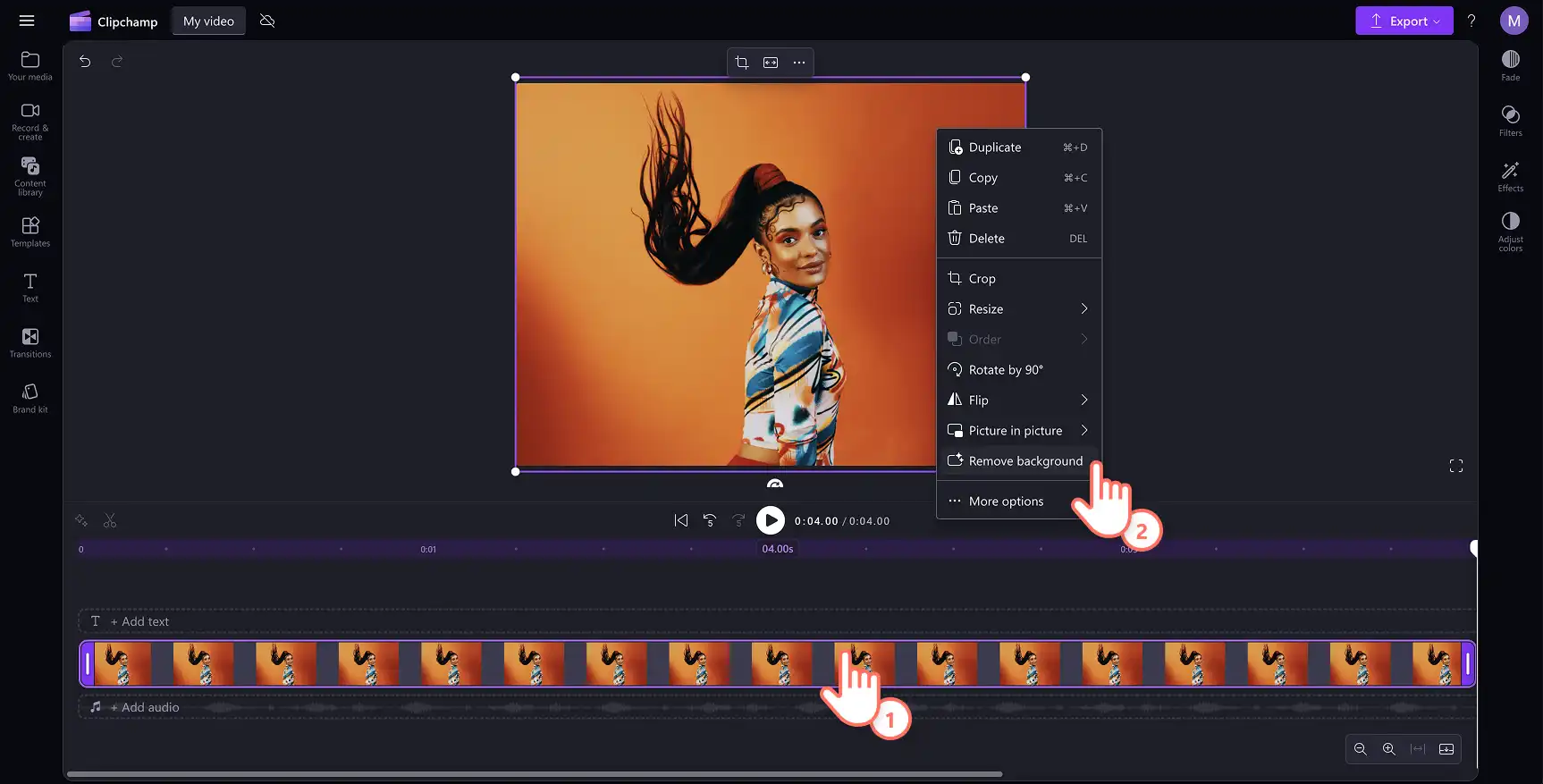 Clipchamp で AI を使用して背景を削除しているユーザー