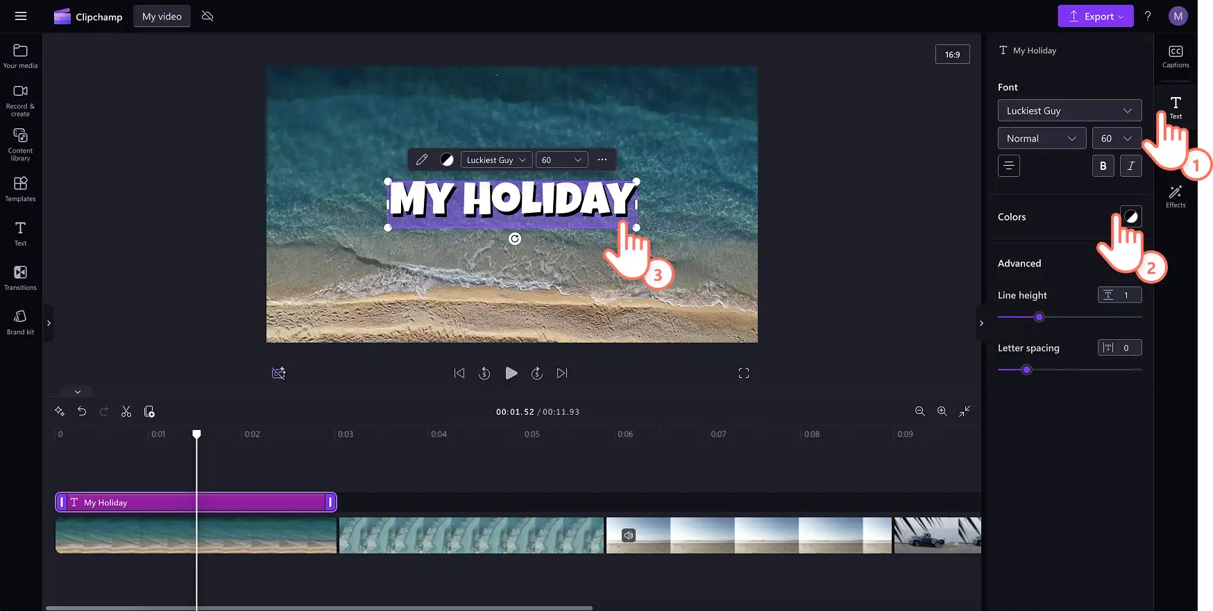 En bruger, der klikker på fanen Tekst på egenskabspanelet i Clipchamp.