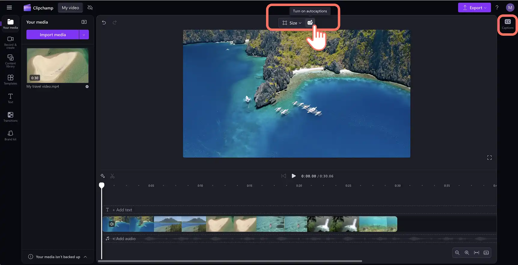 Seorang pengguna menggunakan kapsyen automatik dalam Clipchamp