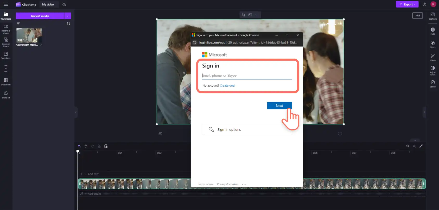 Ein Bild, das zeigt, wie sich ein Clipchamp-Benutzer über ein Popupfenster bei Microsoft OneDrive anmeldet