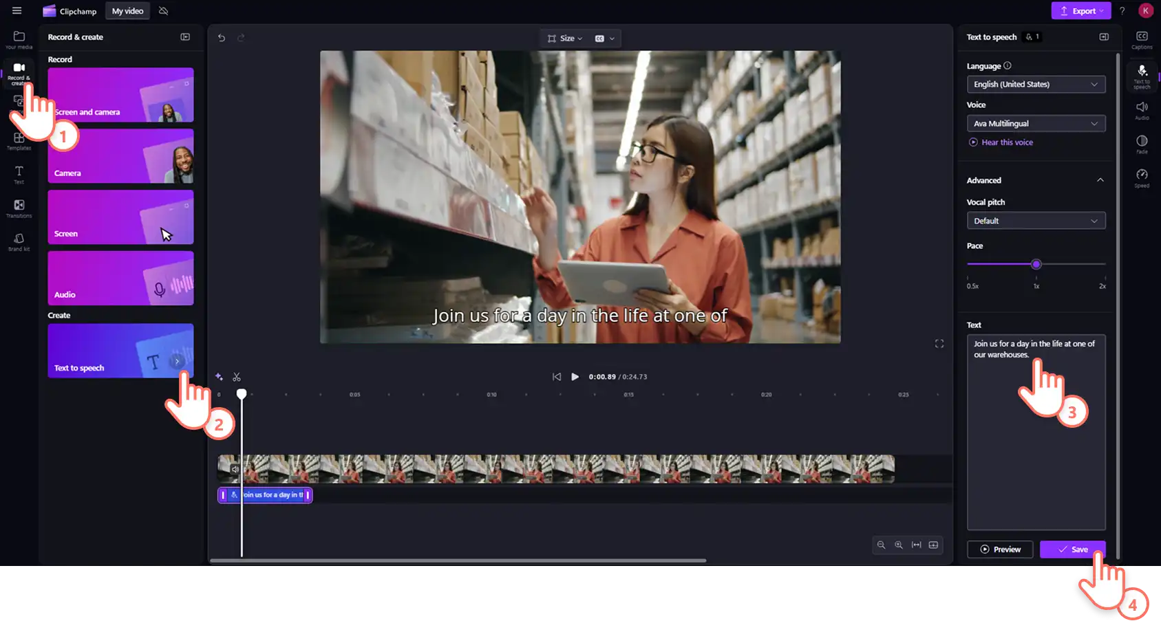 Пользователь в Clipchamp заменяет аудиодорожку видео на преобразование текста в речь. 