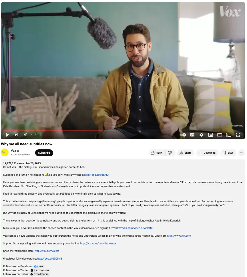 Una imagen de la descripción del vídeo de YouTube de Vox media "Por qué todos necesitamos subtítulos ahora".