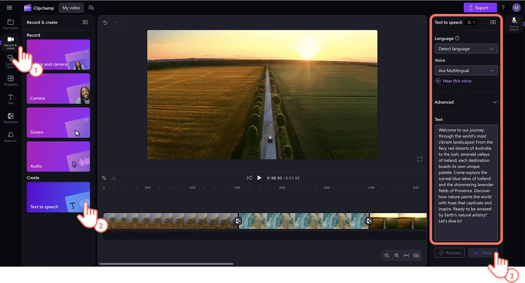 Usuário criando uma narração com IA no Clipchamp