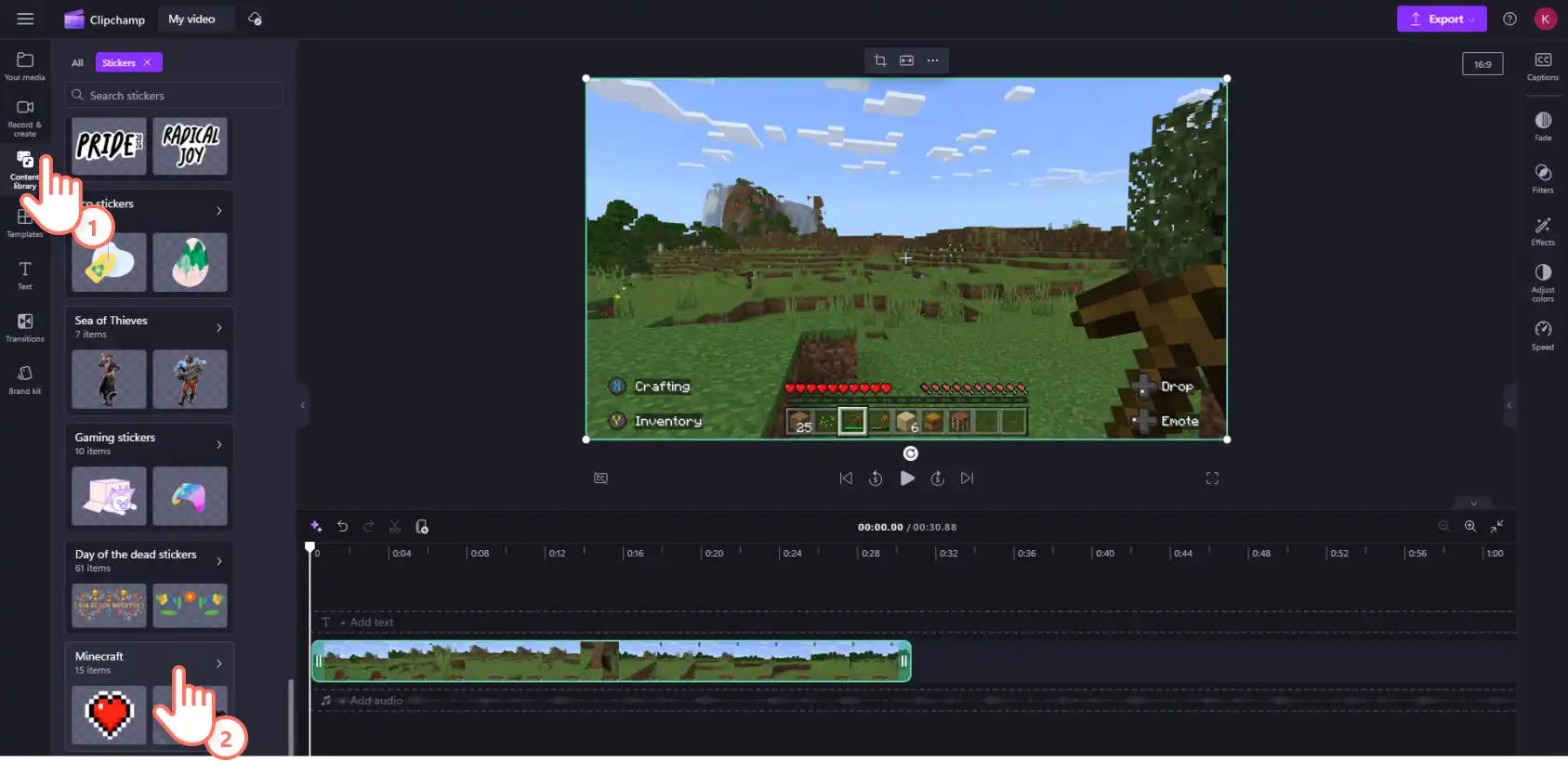 An image of a Clipchamp user navigating to the Minecraft sticker collection in the content library.
