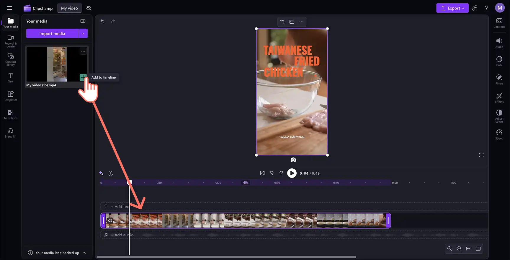 A user adding a video to the timeline in Clipchamp