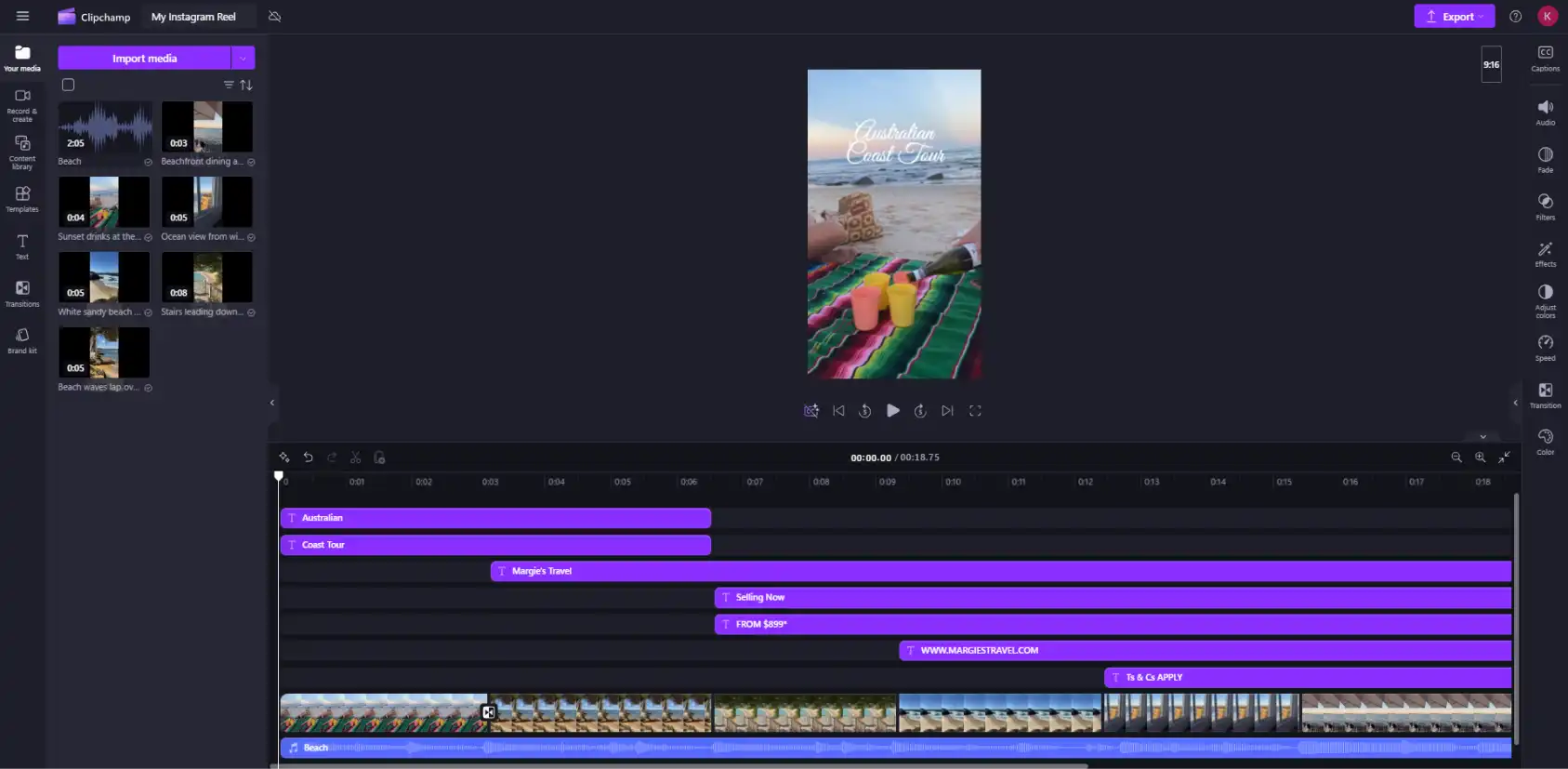 Người dùng Clipchamp đang mở mẫu Instagram Reel tỷ lệ 9:16.