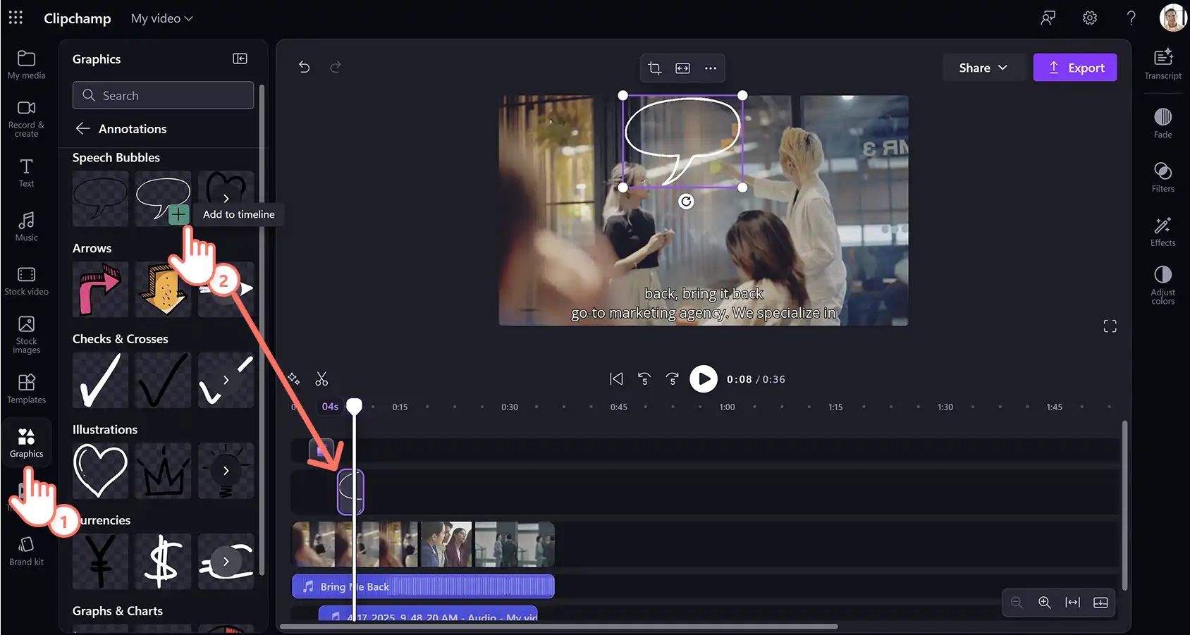 Użytkownik dodający nakładki z adnotacjami do korporacyjnego filmu informacyjnego w usłudze Clipchamp do pracy.