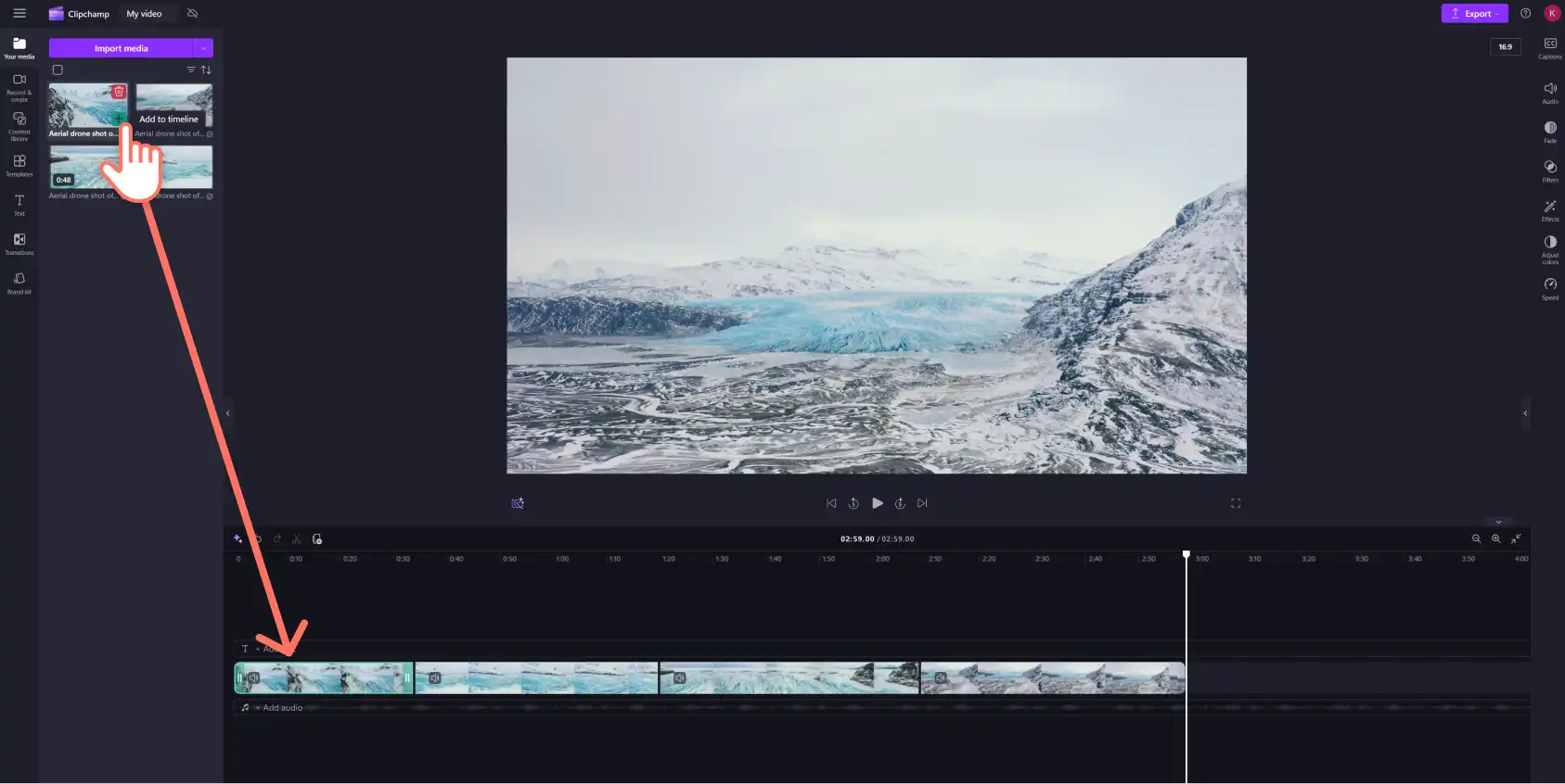Adăugarea elementelor media în cronologia de editare în Clipchamp
