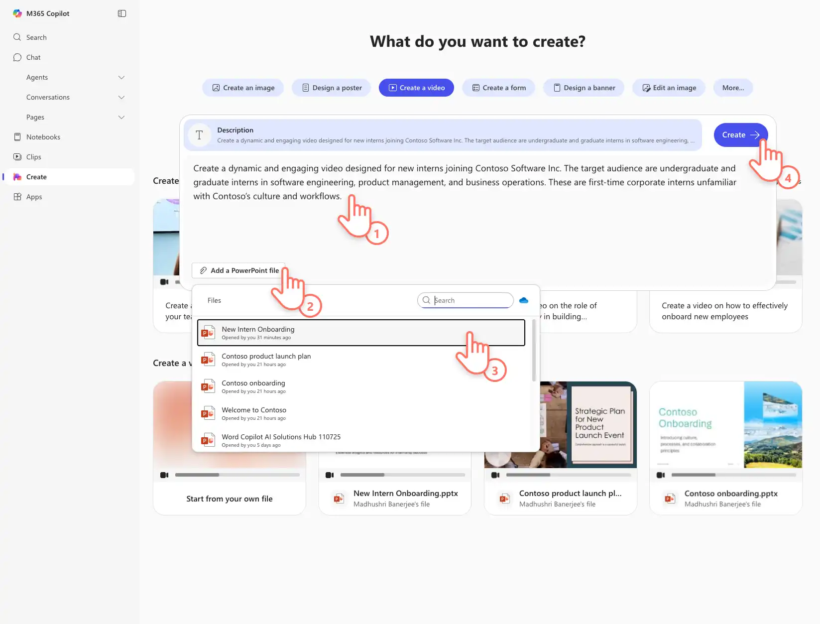 ผู้ใช้พร้อมท์ Copilot เพื่อสร้างงานนําเสนอวิดีโอจากไฟล์ PowerPoint
