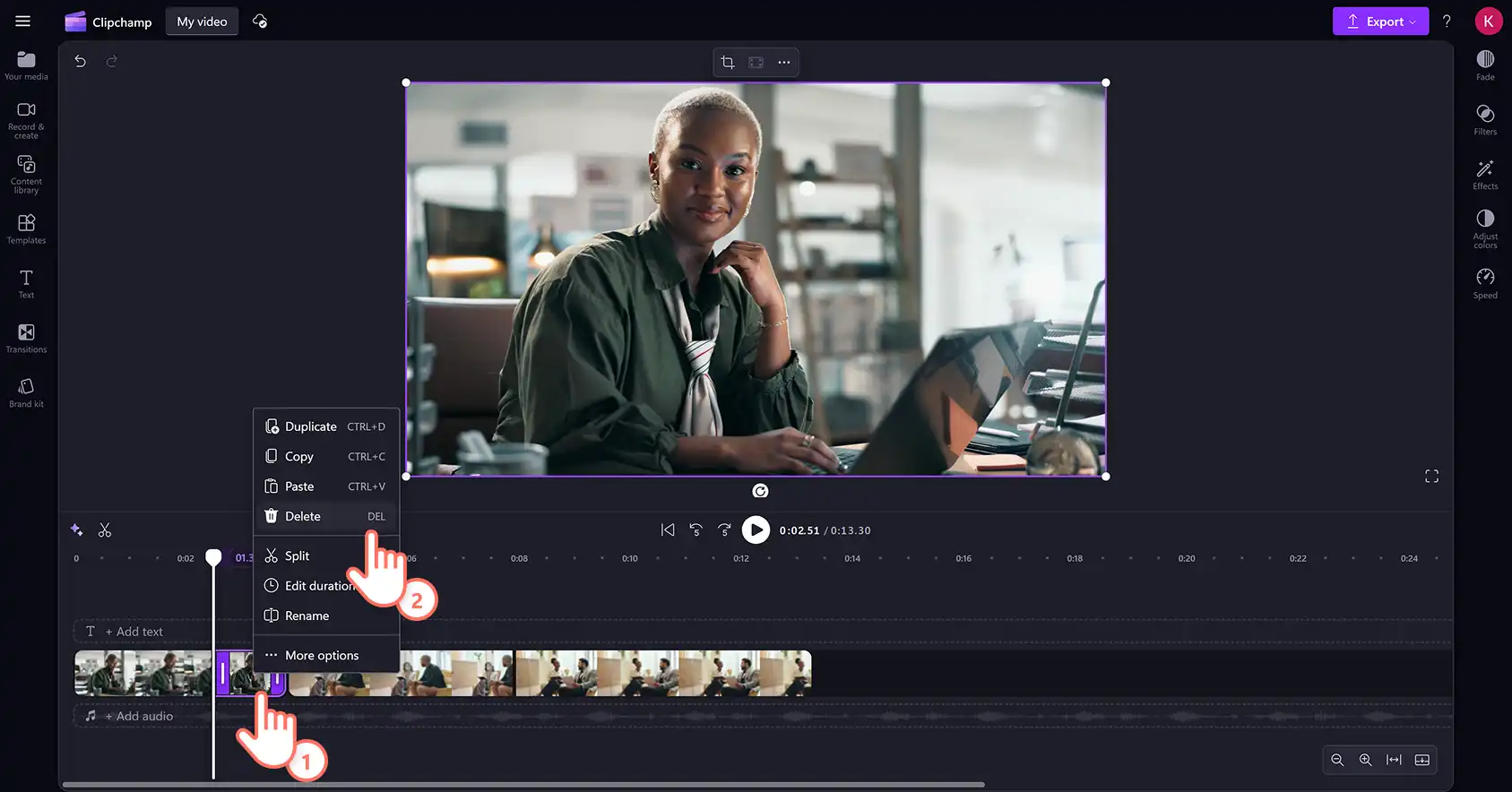 Clipchamp video düzenleyicide düzenleme zaman çizelgesinden fazla görüntüleri silen bir kullanıcı.