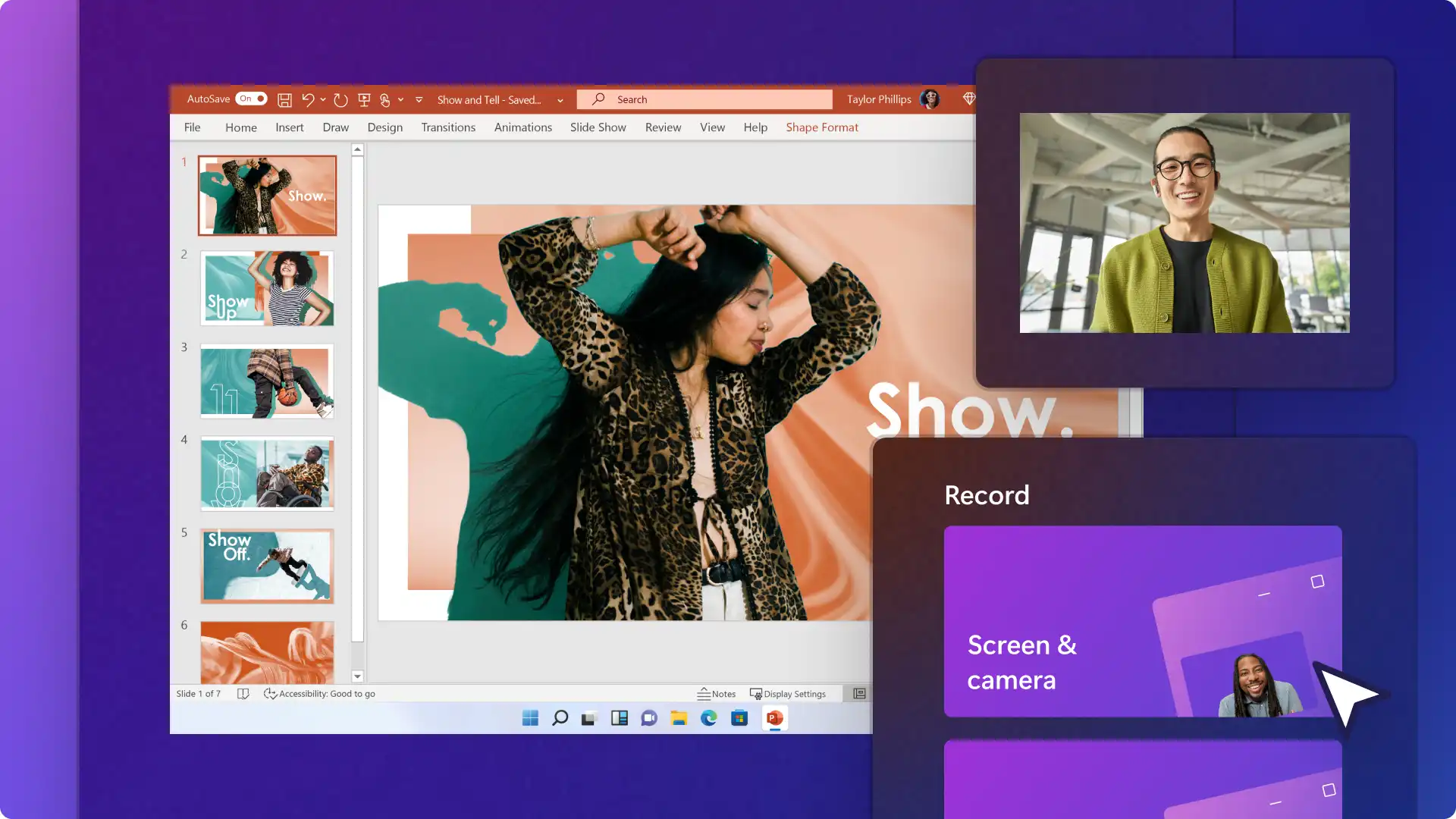 PowerPoint презентациясын бейнеге жазып жатқан пайдаланушының суреті.