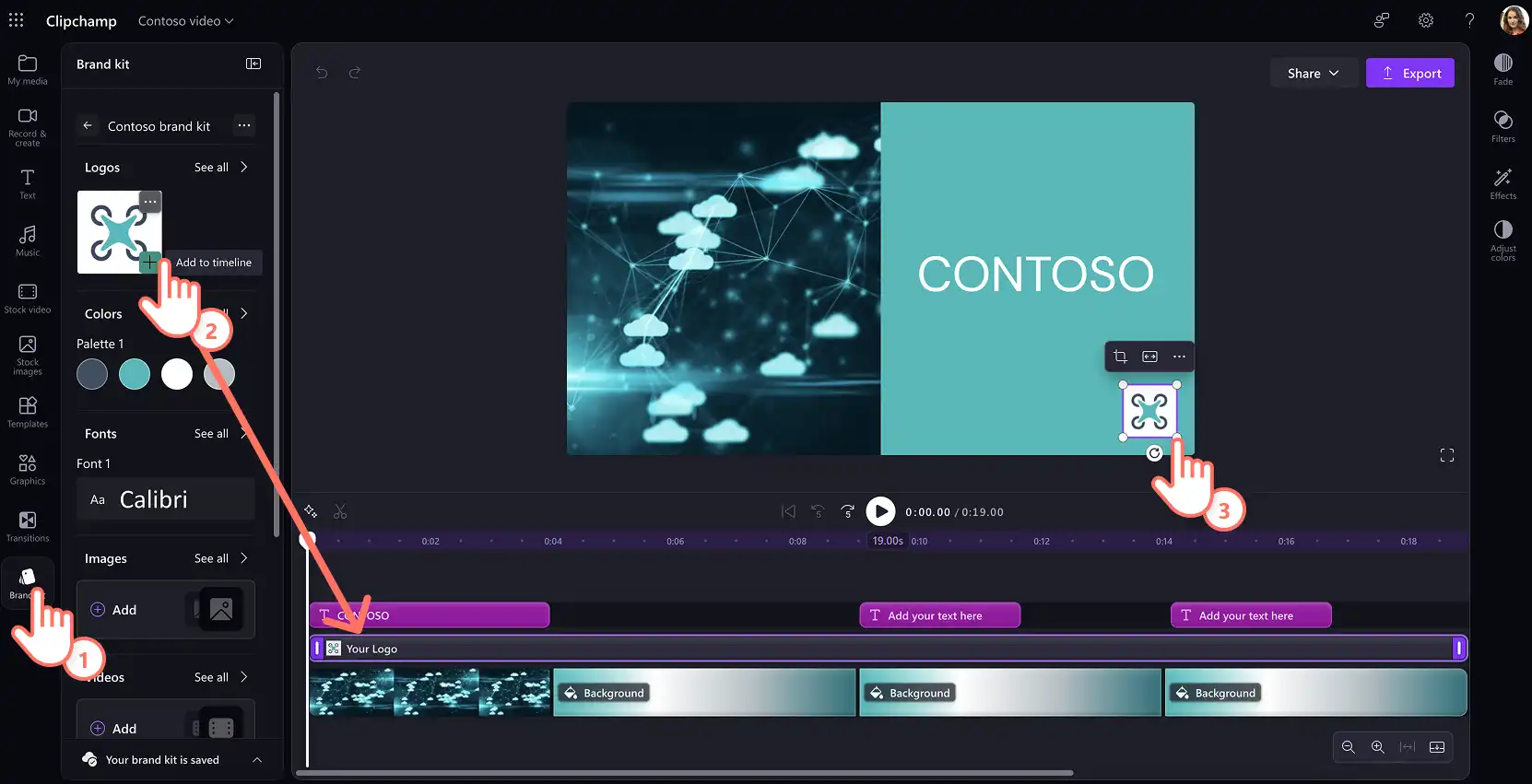 A user adding a company logo to a video template in Clipchamp