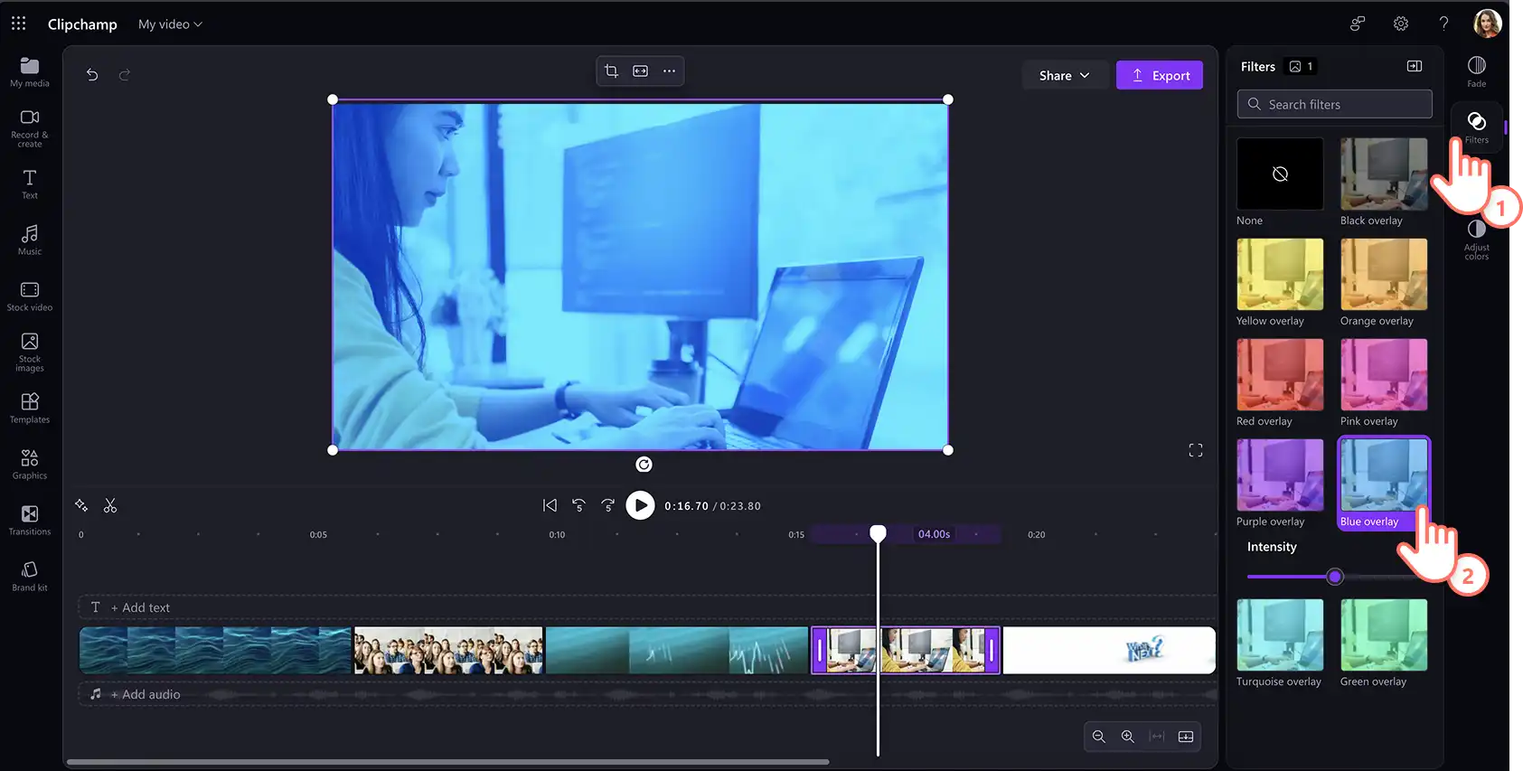 En användare lägger till ett videofilter till en stockvideo i Clipchamp
