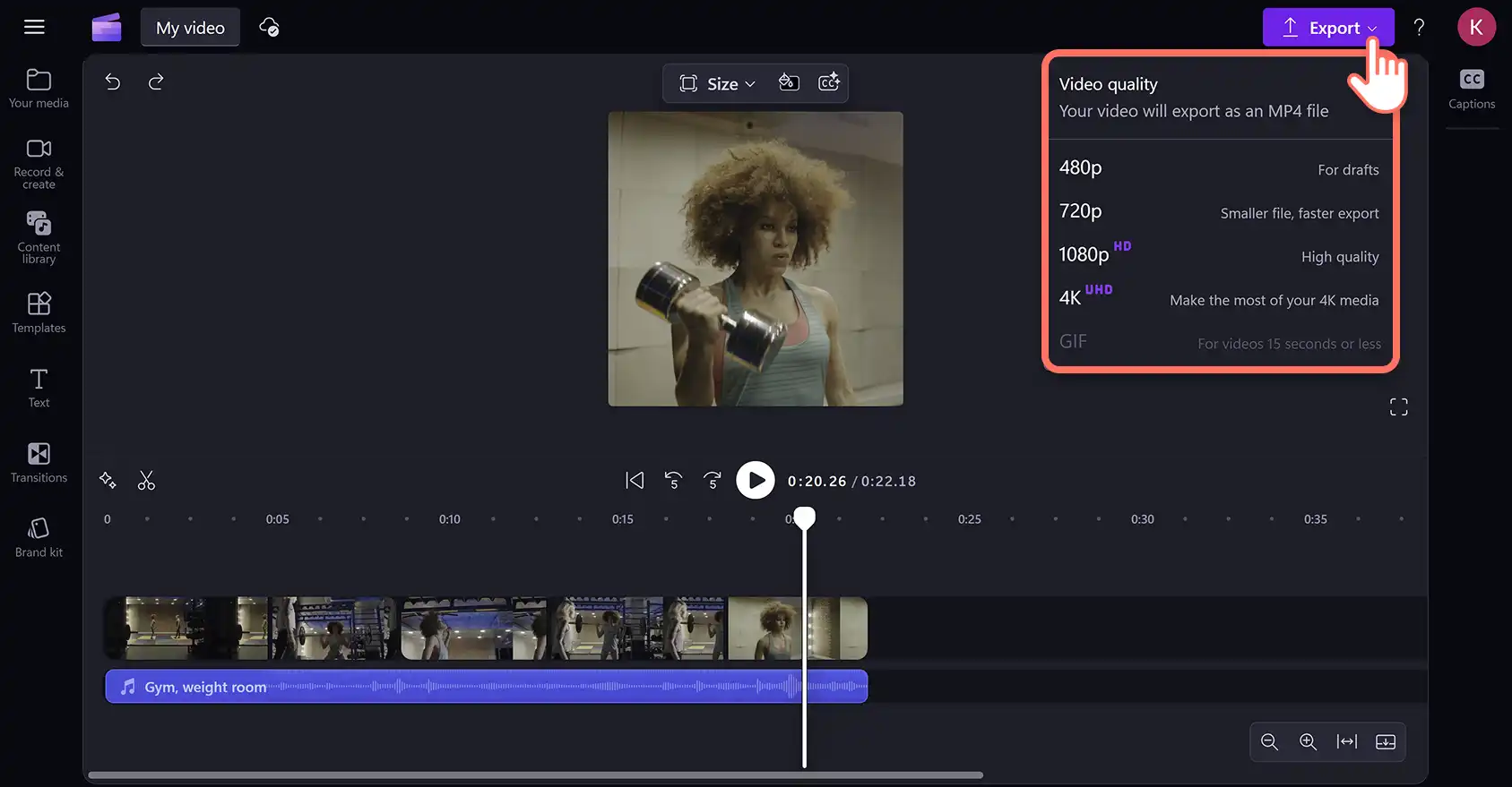 Utente che esporta un Reel di momenti salienti nell'editor di video di Clipchamp. 