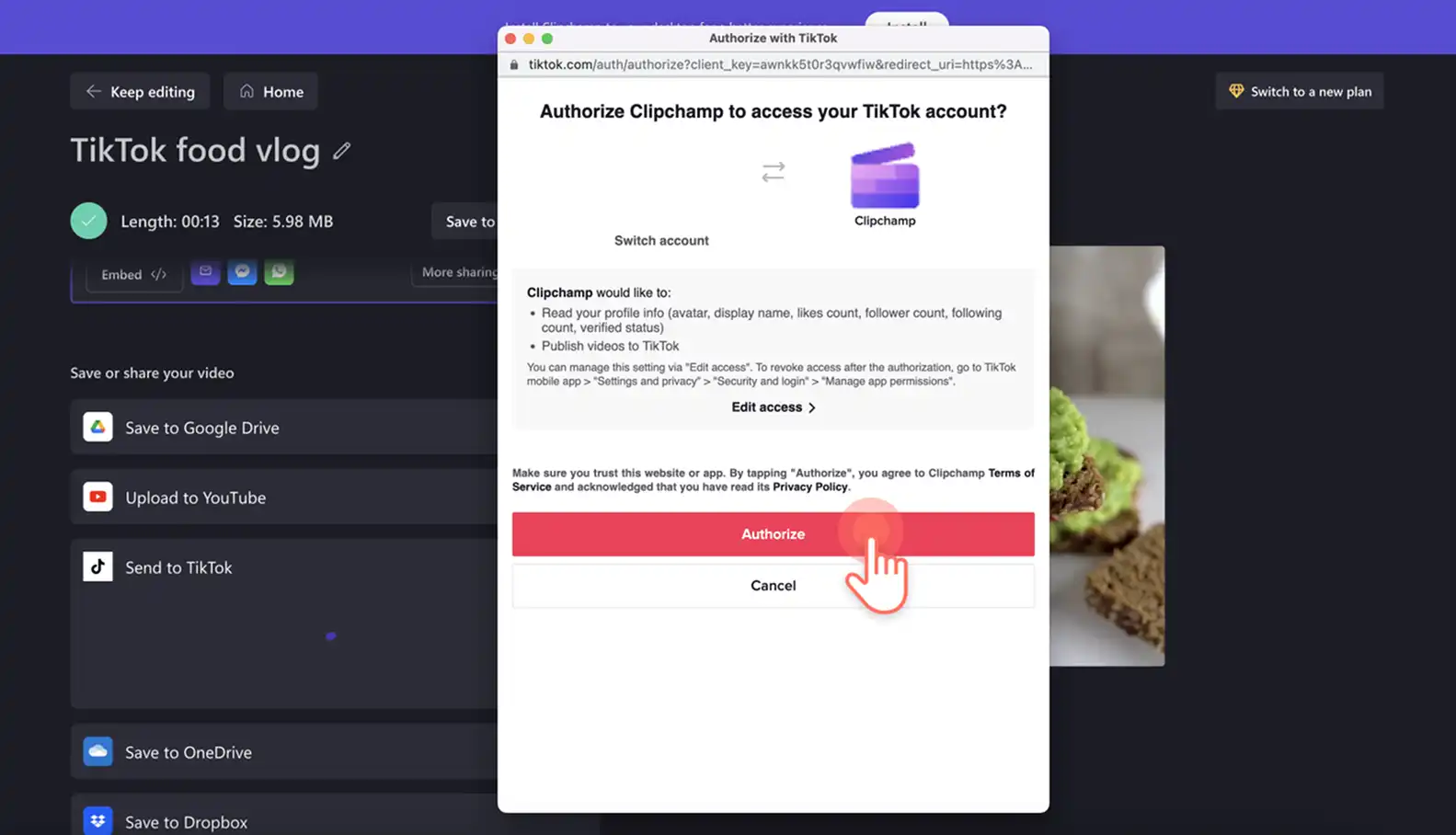 TikTok'ta yayımlamak için Clipchamp yetkilendirilen bir kullanıcı
