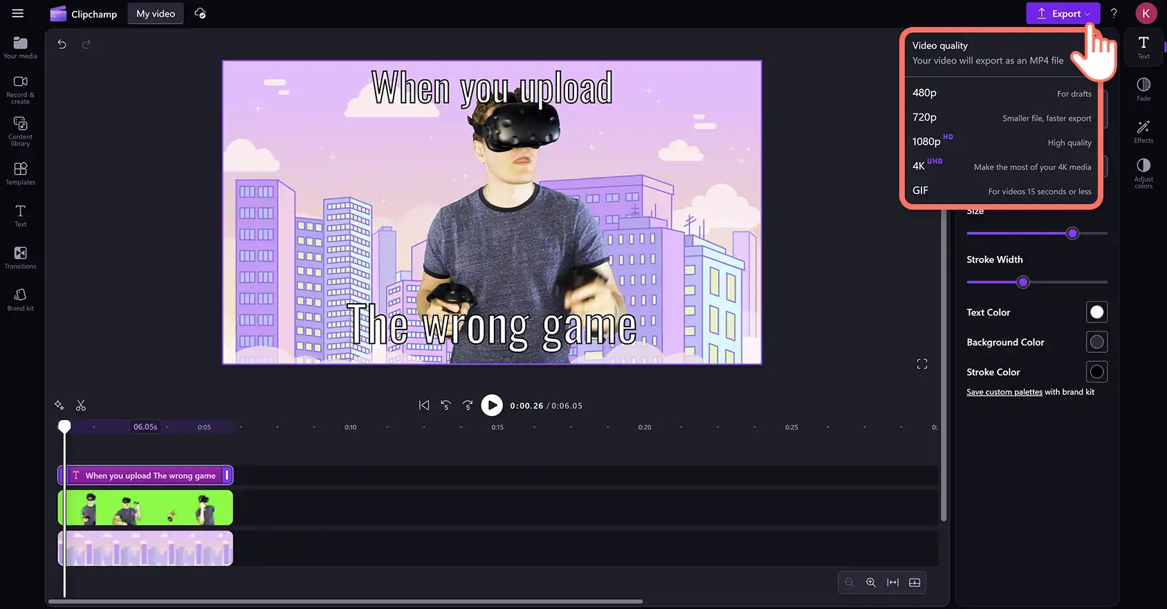 Một người dùng đang xuất video meme green screen trong trình chỉnh sửa video Clipchamp. 