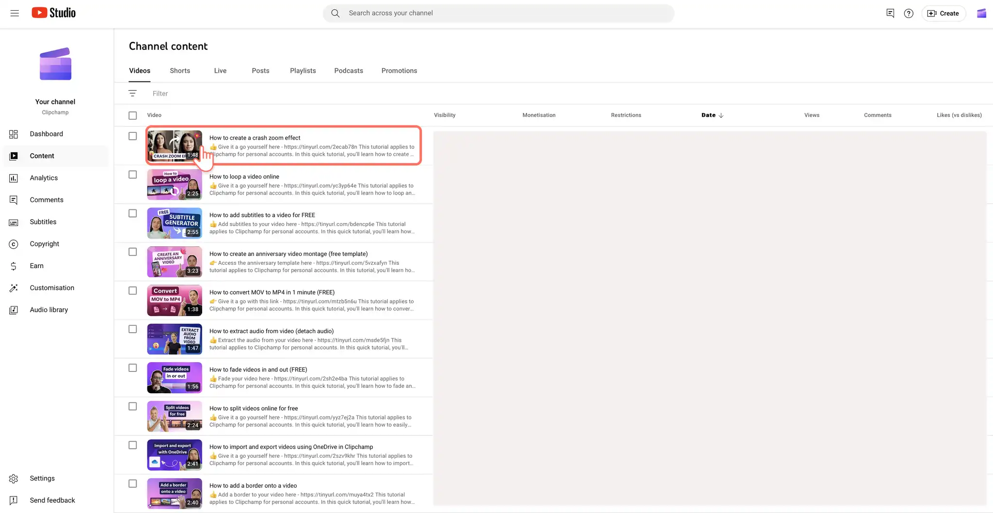 Auswahl eines Videos zum Bearbeiten in YouTube-Studio