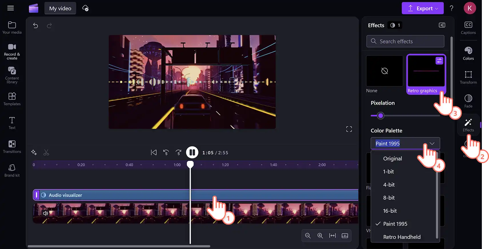 A user adding a retro graphic effect to the music visualizer in Clipchamp video editor.