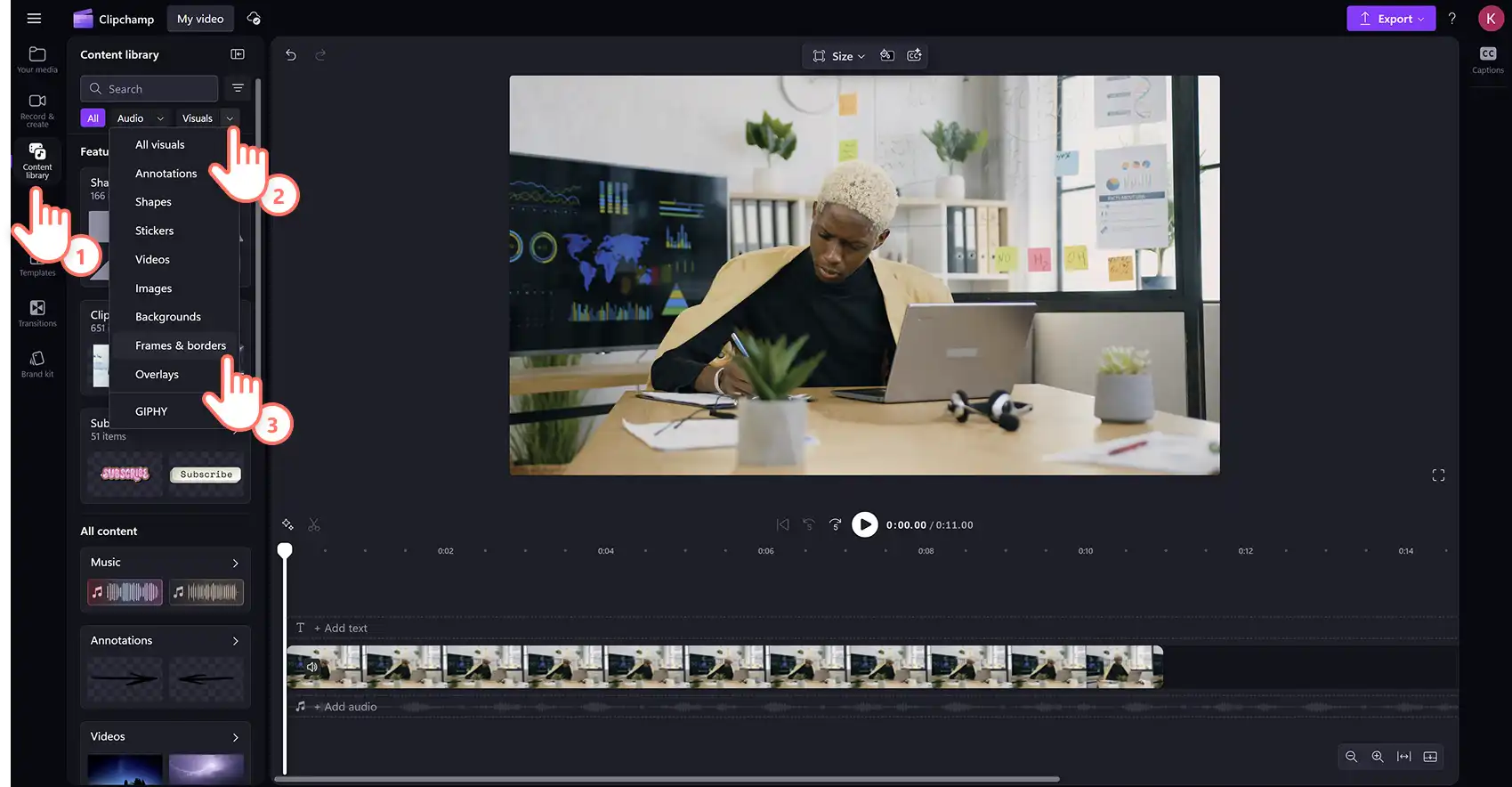A user accessing the frames and borders collection in Clipchamp video editor.