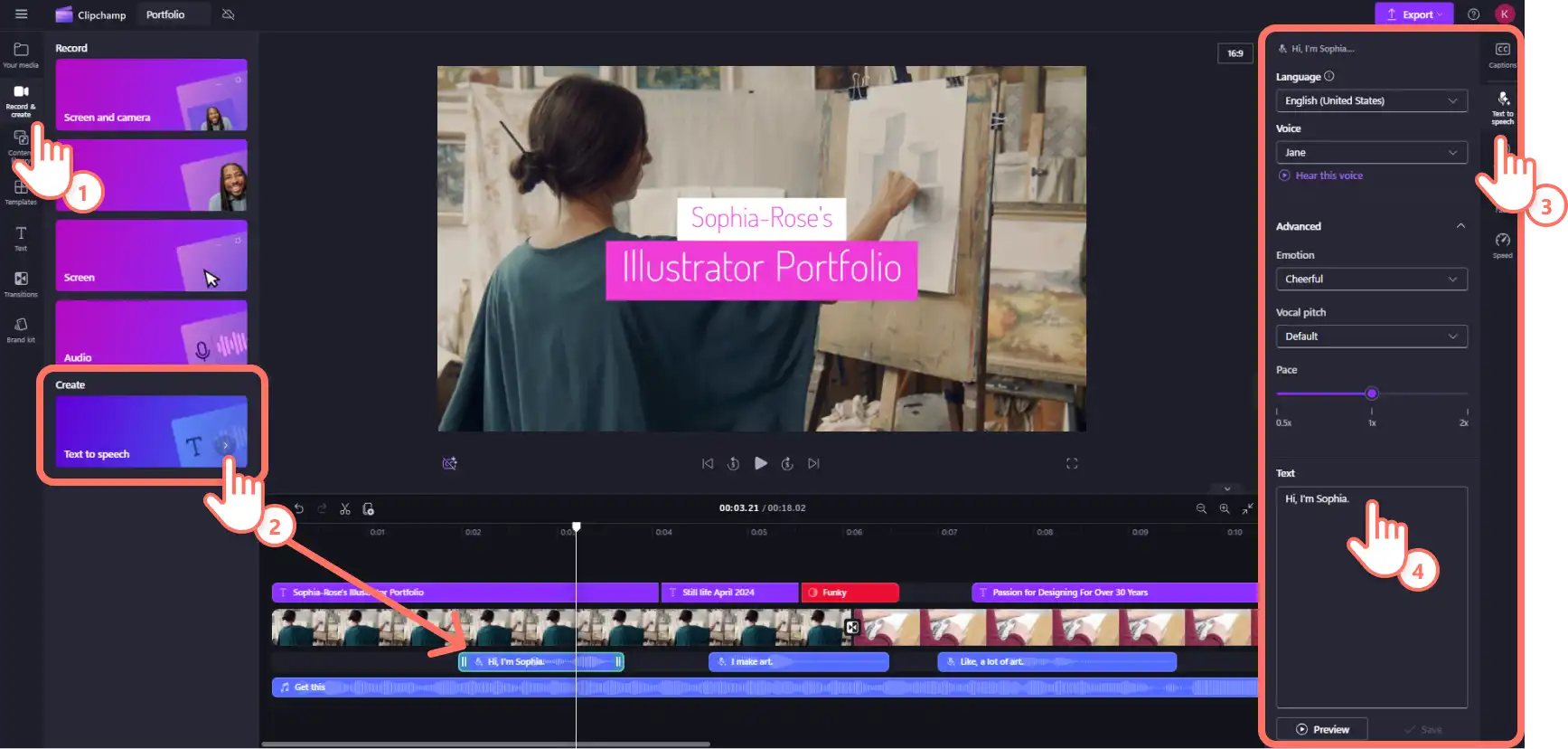 Un utente di Clipchamp aggiunge una sintesi vocale al suo portfolio video.