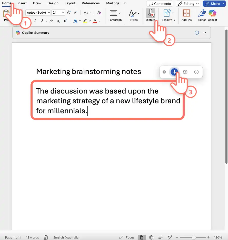 Usuario grabando audio en Word para crear una transcripción