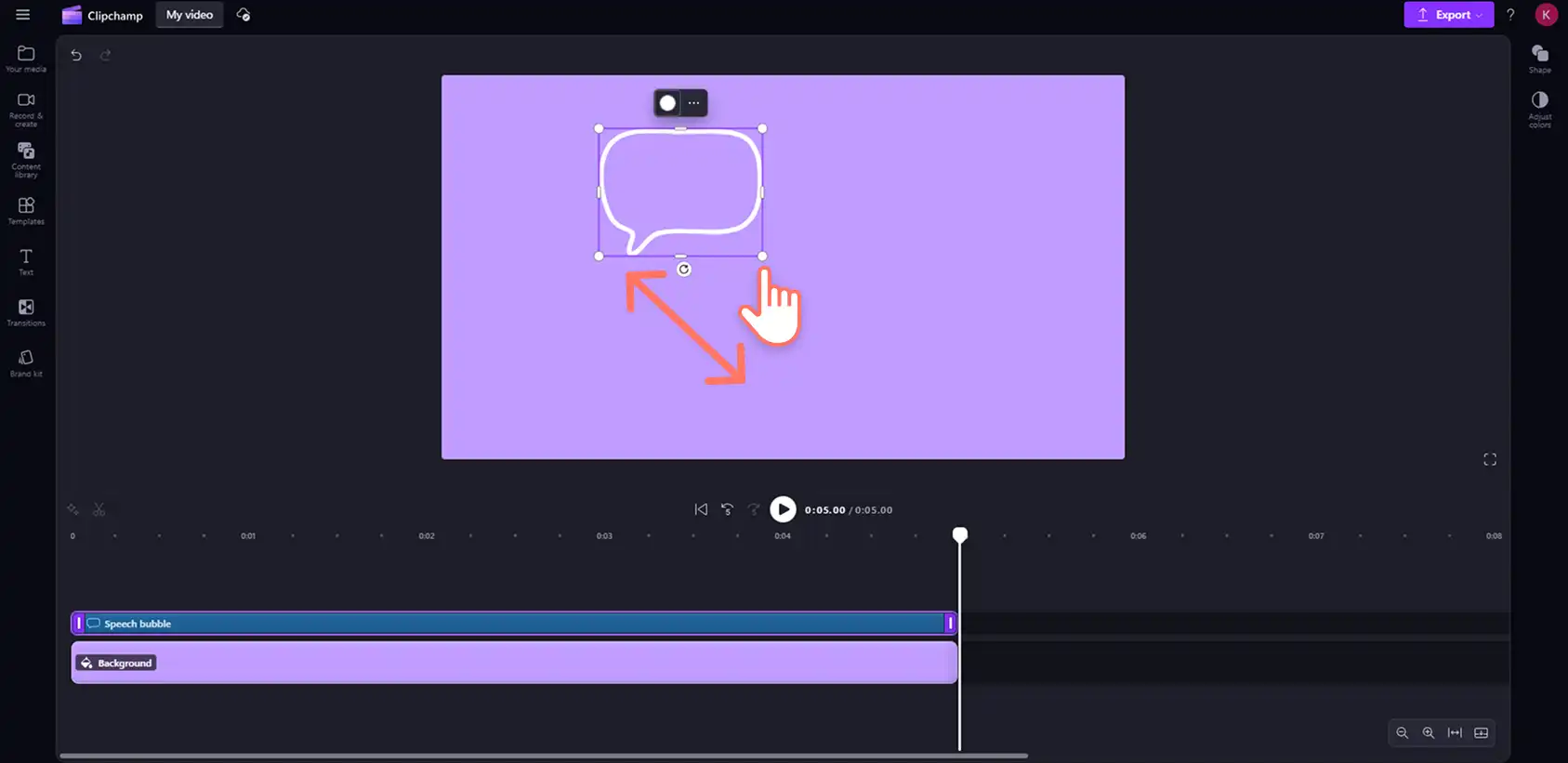 Un utilizator care schimbă dimensiunea unei forme de bulă de vorbire în Clipchamp. 