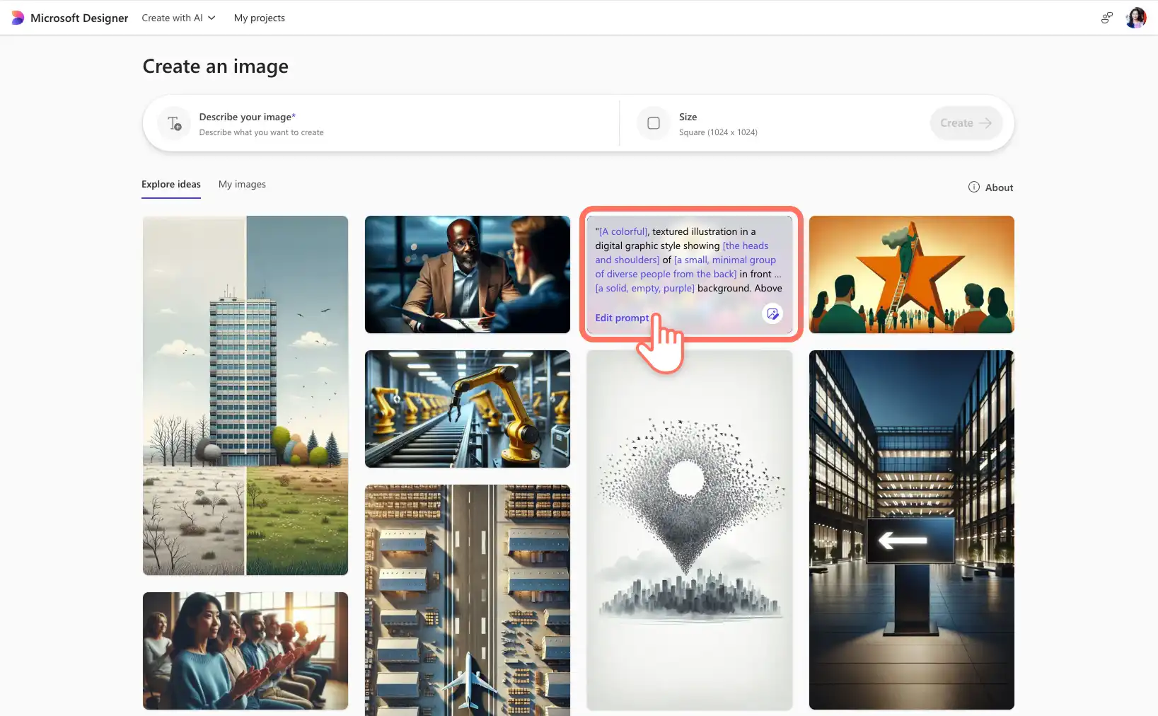 Un utilisateur modifiant une requête à l’IA depuis la galerie d’images générées par Microsoft Image Creator