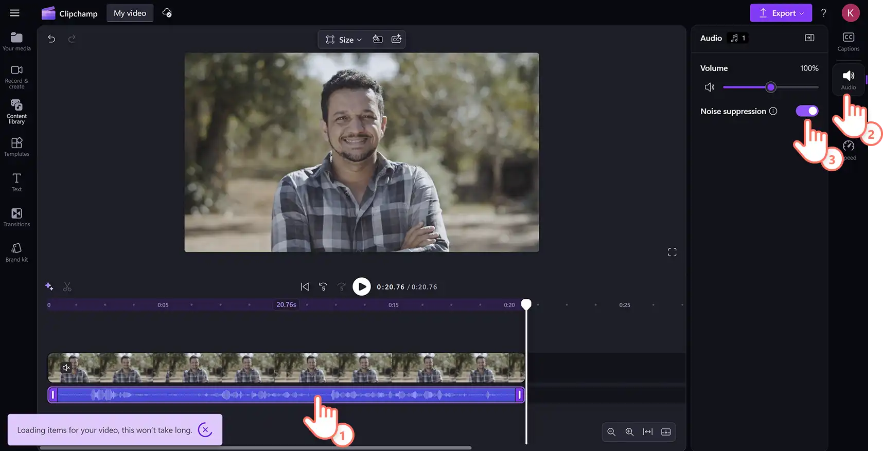 Clipchamp 動画エディターでオーディオ トラックの AI ノイズ抑制をオンにするユーザー
