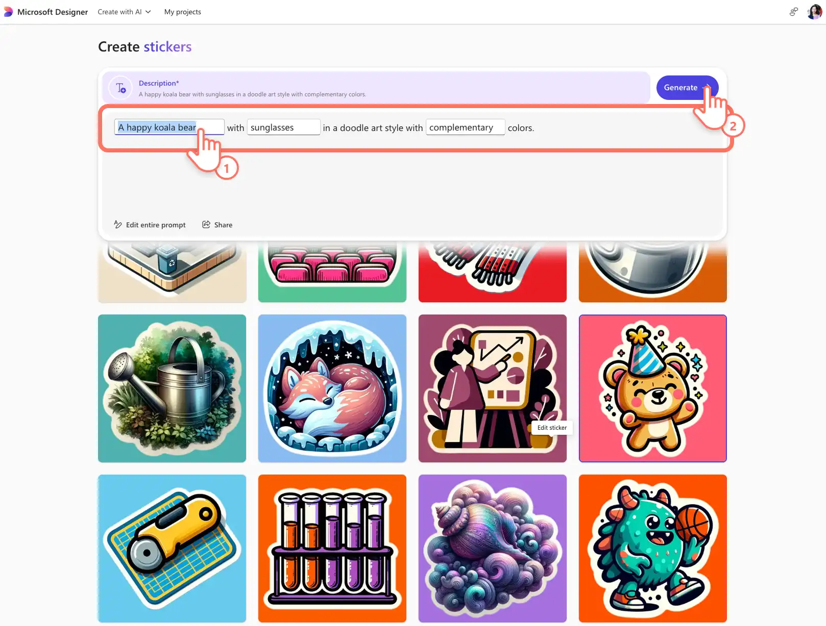 Pengguna mengedit perintah AI untuk membuat stiker di Microsoft Designer