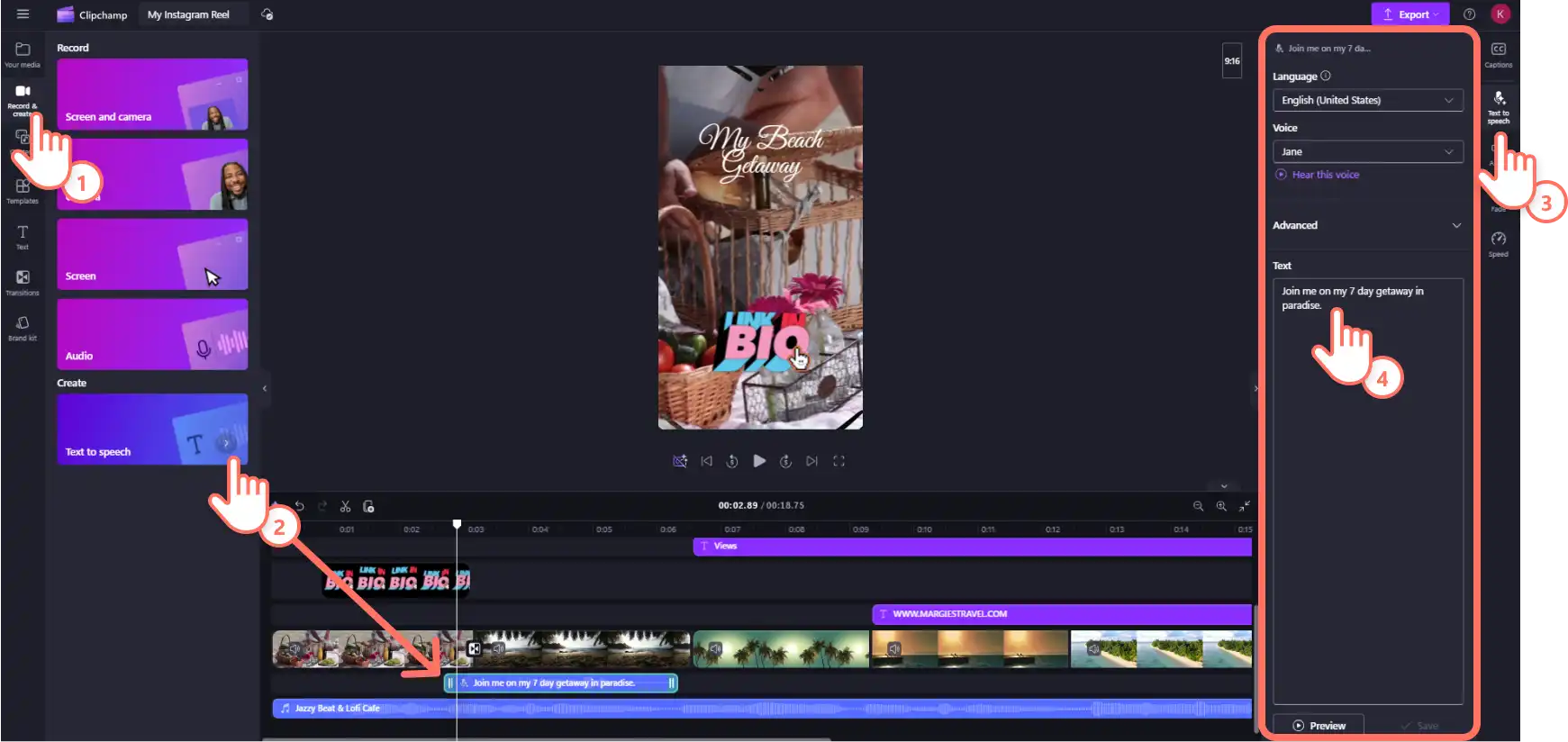 Người dùng Clipchamp đang thêm văn bản thành giọng nói AI vào video Instagram Reel của họ.
