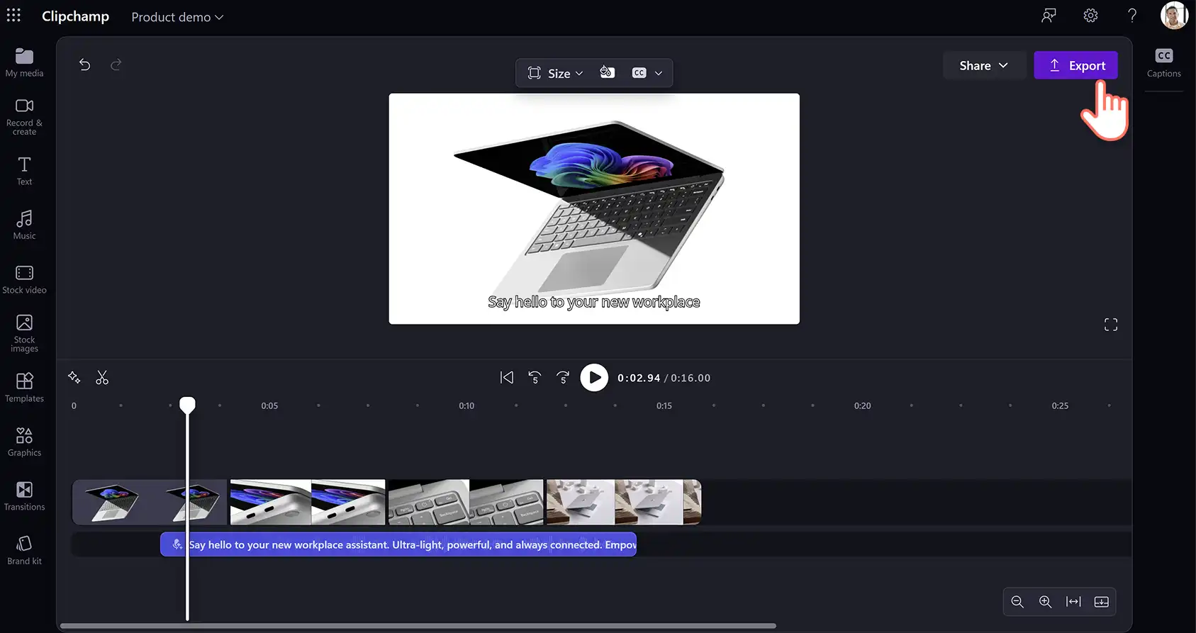 A user exporting a product demo made with Clipchamp for work.