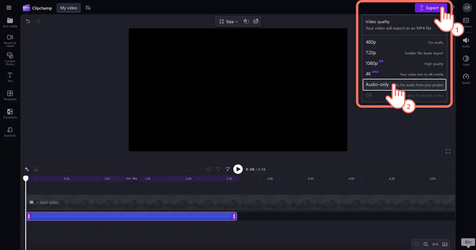 Un utente che fa clic sul pulsante Esporta e quindi seleziona solo audio.