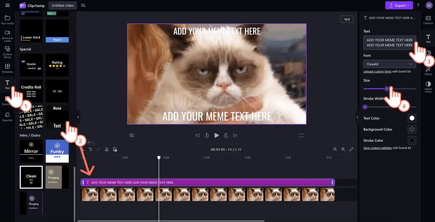 En bruger, der føjer meme-titlen til et video-meme i Clipchamp.