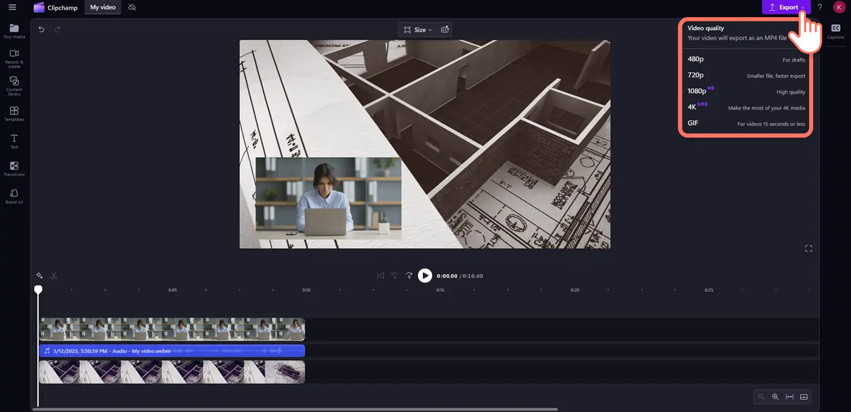 用户在 Clipchamp 中导出他们的画中画视频。