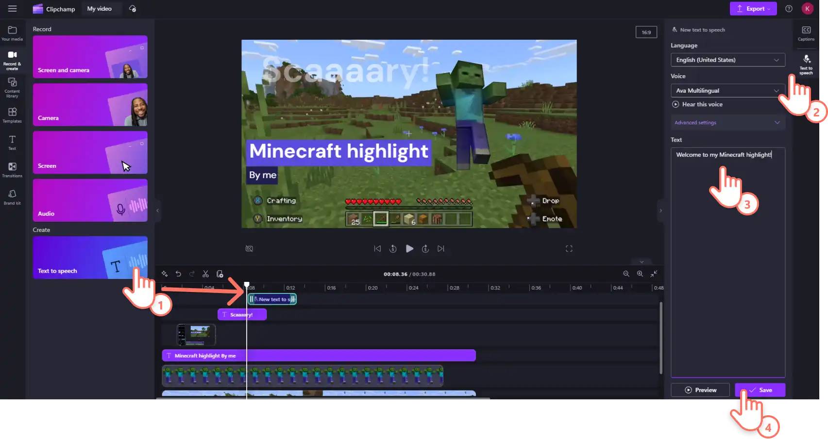 An image of a Clipchamp user adding text to speech to their video.