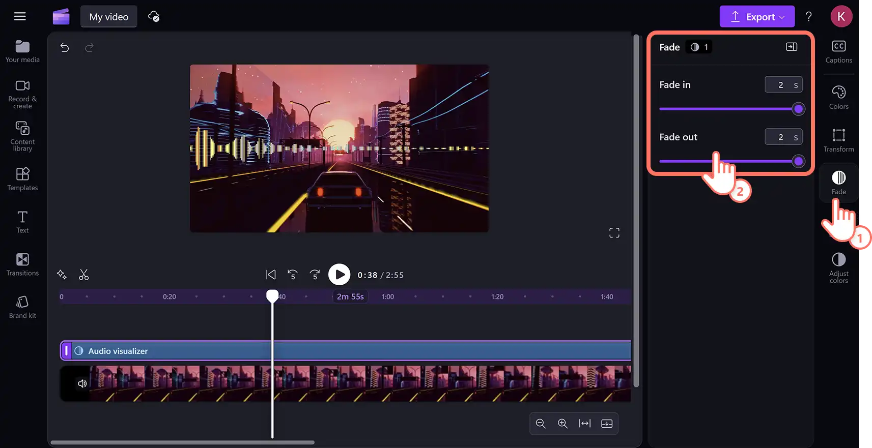 A user adding a fade in and fade out to the music visualizer in Clipchamp video editor.